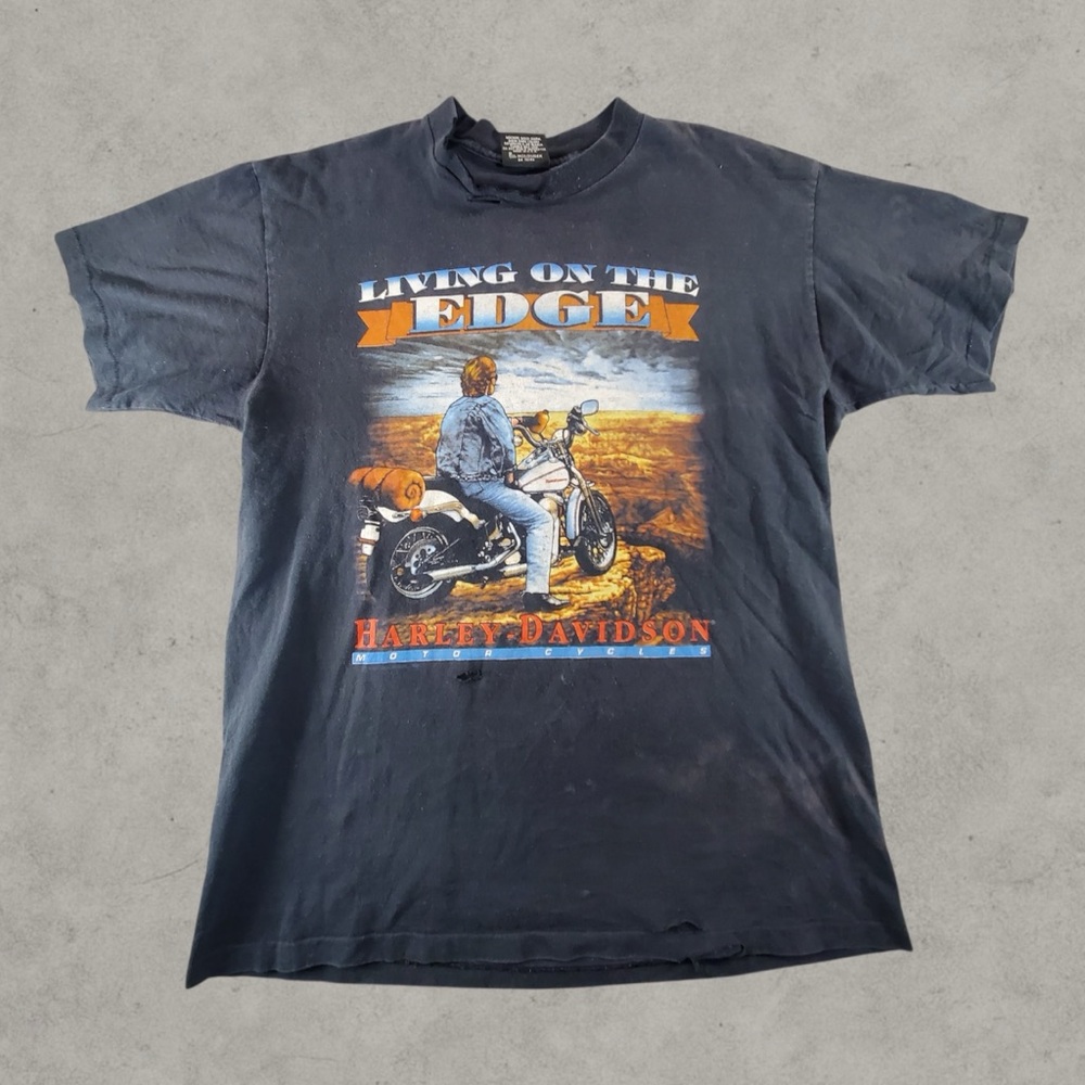 Vintage Harley-Davidson Shirt Mens Large Black 90s Living‎ On The Edge 3d Emblem